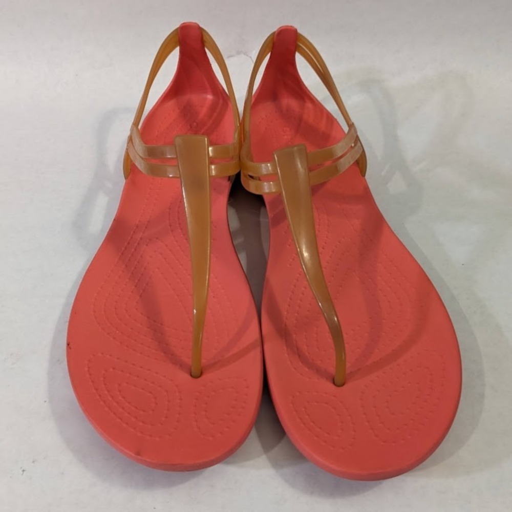 Crocs Isabella T-Strap Sandals‎ Womens 11 Coral Pink Amber Jelly Strappy Flat